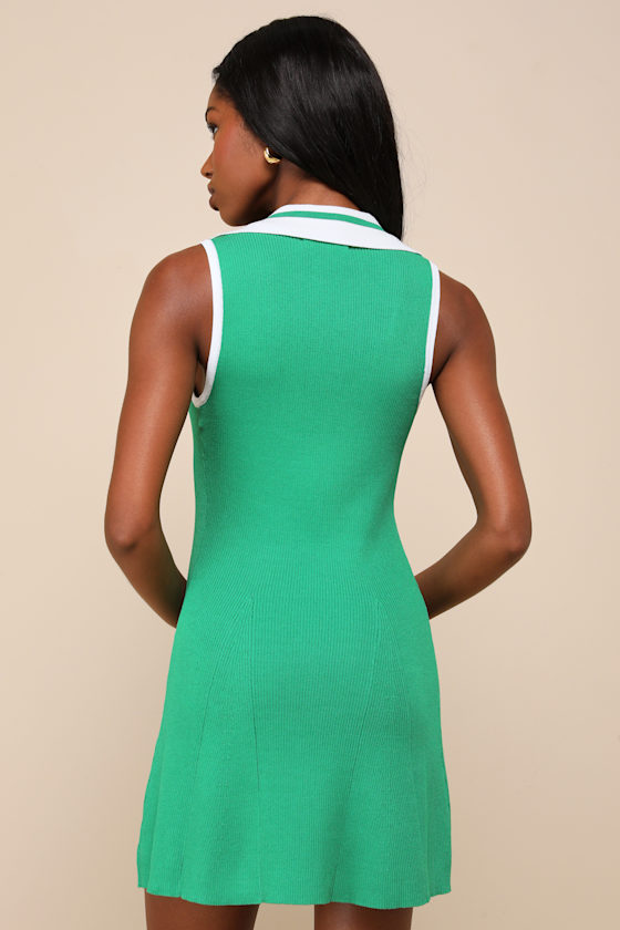 Lulus Cutest Status Green And Ivory Collared Ribbed Pleated Mini Dress In Green And Ivory