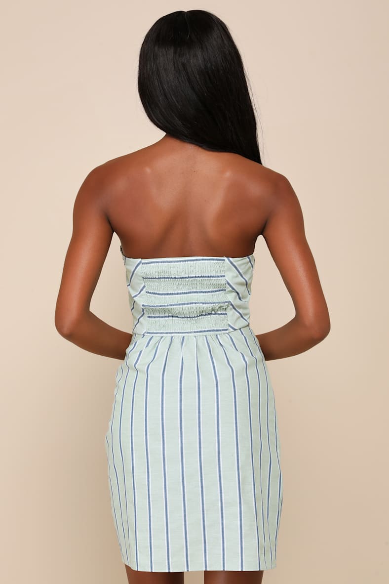 Cute Finesse Sage Striped Cotton Strapless Tie-Front Mini Dress