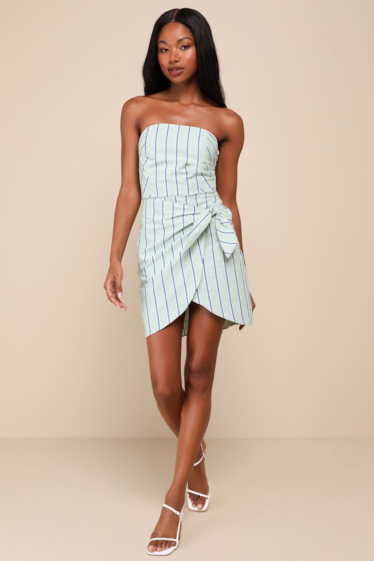 Cute Finesse Sage Striped Cotton Strapless Tie-Front Mini Dress