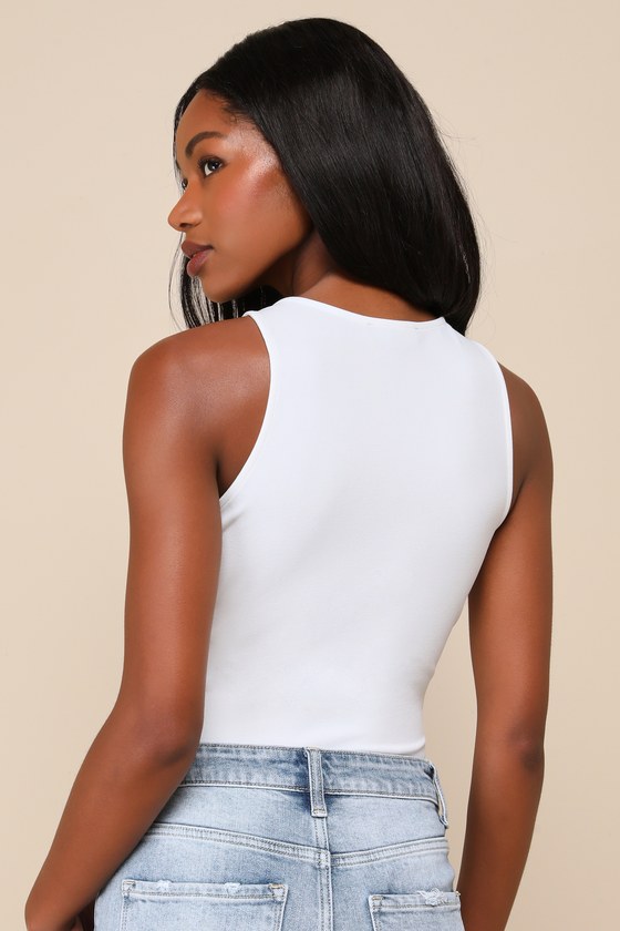 Lulus Admired Poise White Scalloped V-neckline Sleeveless Bodysuit In White