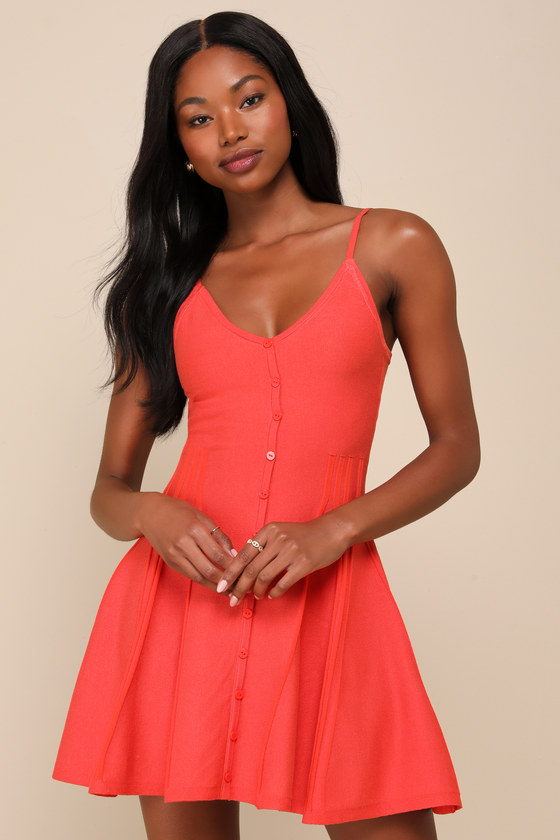 Lulus Flattering Disposition Orange Button-front Ribbed Mini Dress In Orange