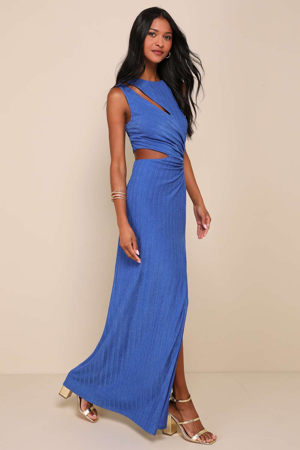 Upgraded Stunner Royal Blue Ribbed Cutout Sleeveless Maxi Dress