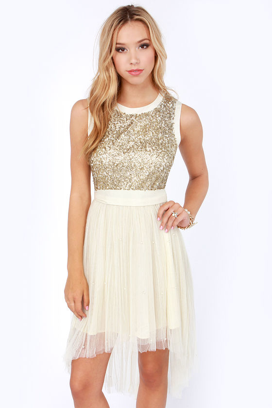 Beautiful Cream Dress Sequin Dress HighLow Dress Party Dress