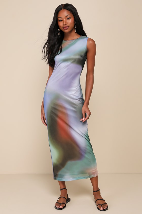 Lux Mesh Layered Lining V Neck Bubble Slv Bodycon Dress