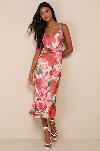 Beautiful Entrance Fuchsia Multi Floral Twist-Front Midi Dress 4