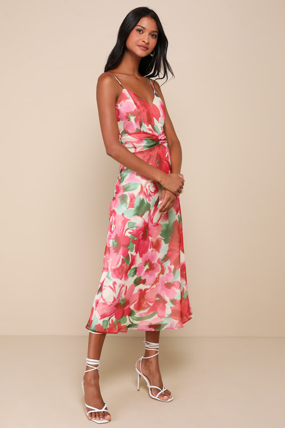 LULUS BEAUTIFUL ENTRANCE FUCHSIA MULTI FLORAL TWIST-FRONT MIDI DRESS