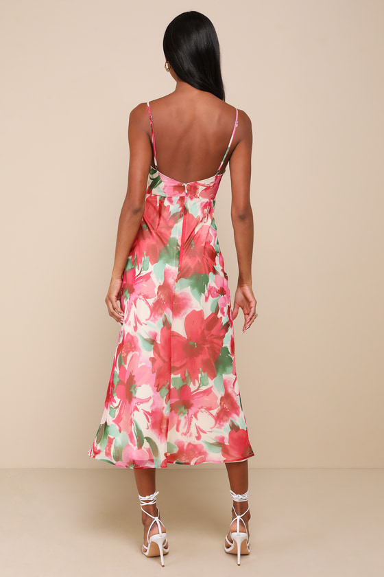 LULUS BEAUTIFUL ENTRANCE FUCHSIA MULTI FLORAL TWIST-FRONT MIDI DRESS