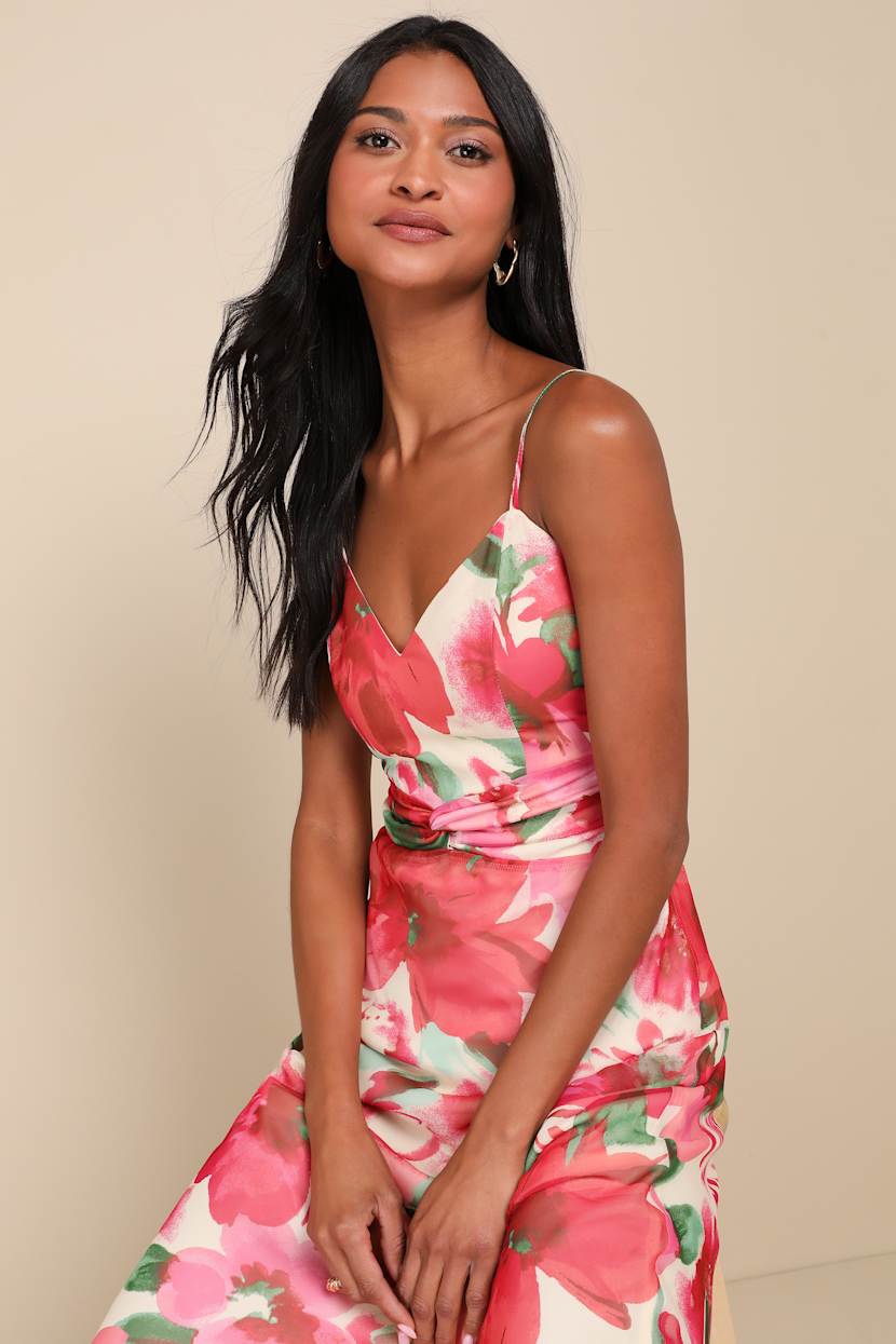 Fuchsia Multi Floral Dress - Twist-Front Dress - Midi Dress - Lulus