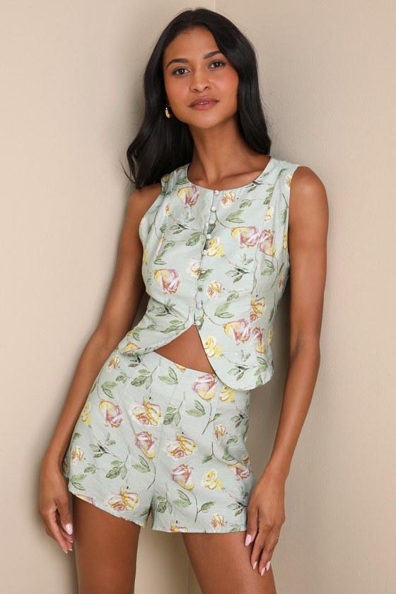 Image of Noticeably Perfect Sage Green Floral High-Rise Shorts