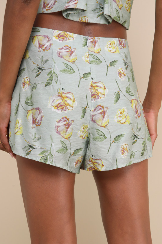 Lulus Noticeably Perfect Sage Green Floral High Rise Shorts In Sage Green