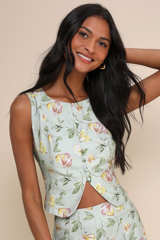 Lulus Noticeably Perfect Sage Green Floral Button-up Lace-up Tank Top In Sage Green