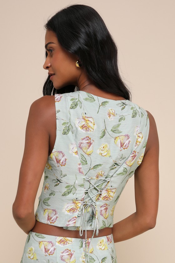 Lulus Noticeably Perfect Sage Green Floral Button-up Lace-up Tank Top In Sage Green