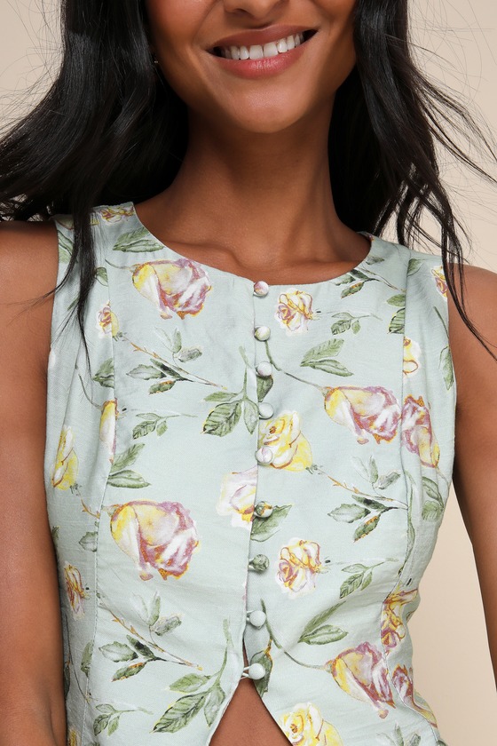 Lulus Noticeably Perfect Sage Green Floral Button-up Lace-up Tank Top In Sage Green
