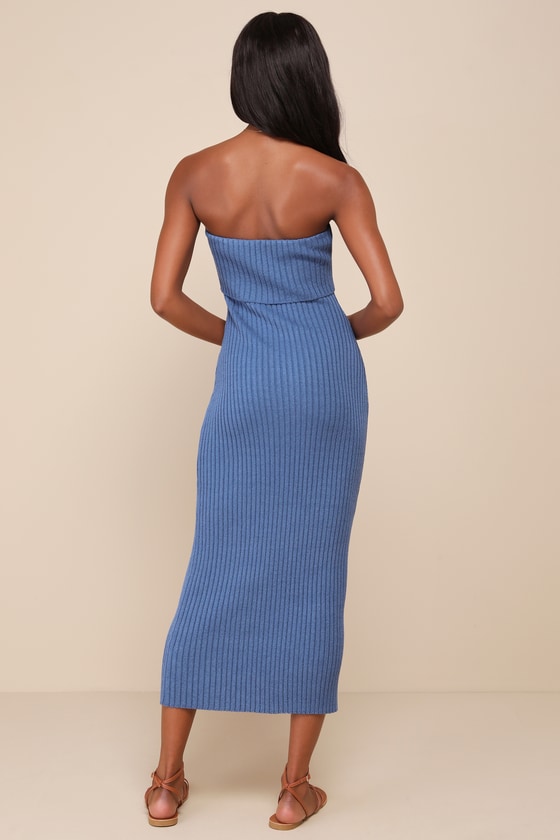 Easily Irresistible Dark Blue Ribbed Strapless Sweater Dress 4