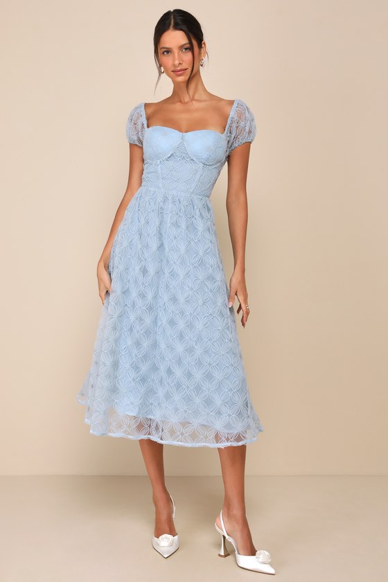 Blue Floral Applique Dress - Bustier Midi Dress - Floral