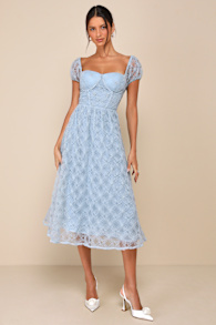Exceedingly Elegant Blue Floral Applique Bustier Midi Dress