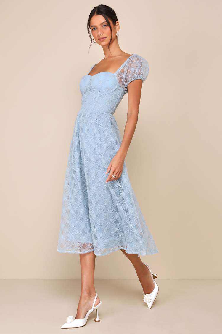 Exceedingly Elegant Blue Floral Applique Bustier Midi Dress