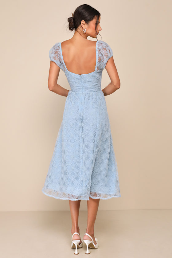 Lulus Exceedingly Elegant Blue Floral Applique Bustier Midi Dress In Blue