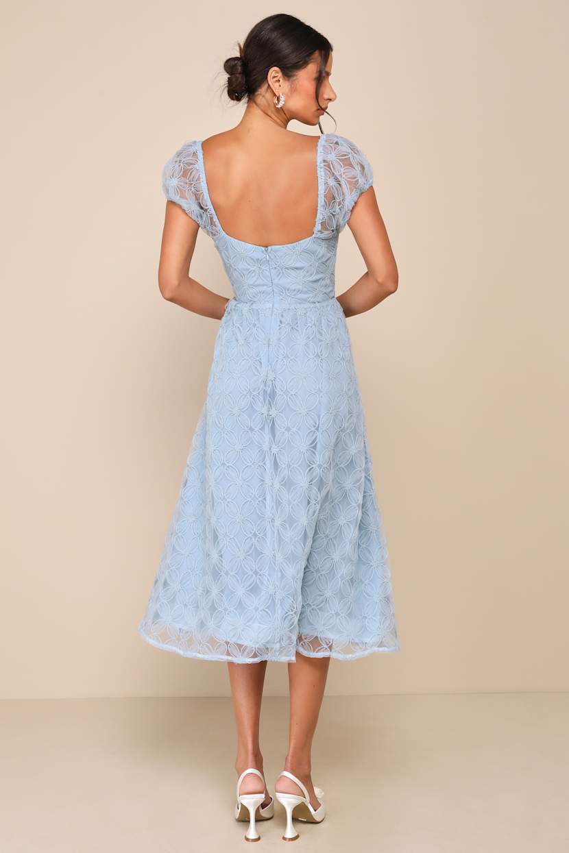 Exceedingly Elegant Blue Floral Applique Bustier Midi Dress