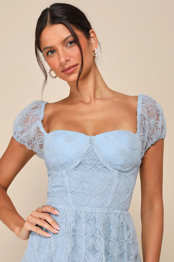 Lulus Exceedingly Elegant Blue Floral Applique Bustier Midi Dress In Blue
