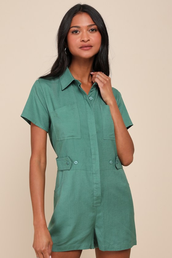 Lulus Cuteness Awaits Green Linen Collared Short Sleeve Romper In Green
