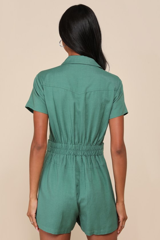 Lulus Cuteness Awaits Green Linen Collared Short Sleeve Romper In Green