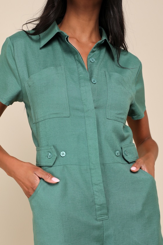 Lulus Cuteness Awaits Green Linen Collared Short Sleeve Romper In Green