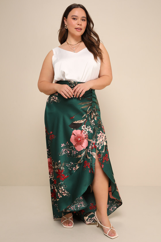 Superbly Stunning Emerald Green Floral Print Satin Maxi Skirt 6