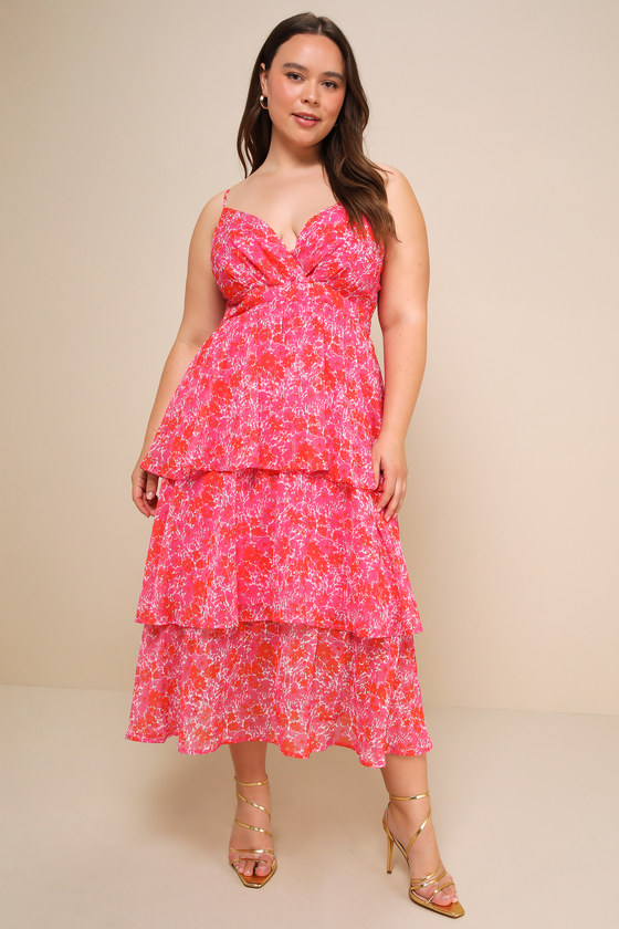 Adorable Obsession Pink Floral Print Lurex Tiered Midi Dress 5