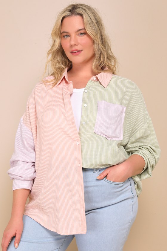 Block To It Pink Multi Colorblock Long Sleeve Button-Up Top 6
