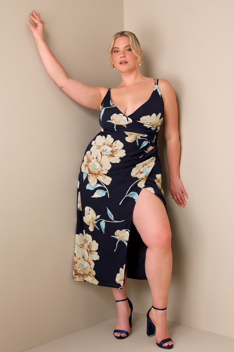 Draw You Close Navy Blue Floral Sleeveless Surplice Midi Dress