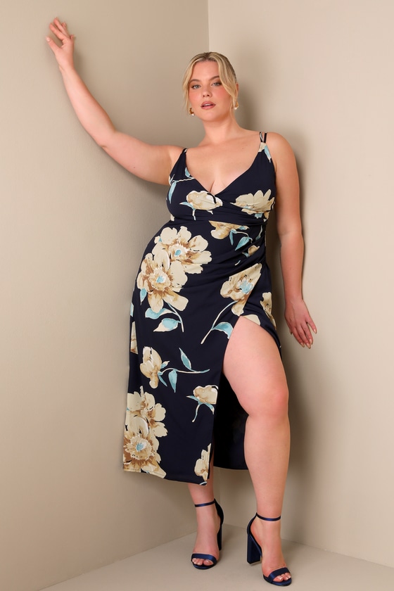 Draw You Close Navy Blue Floral Sleeveless Surplice Midi Dress 1