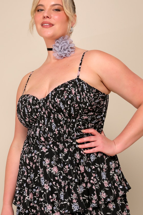 Black Midi Dress - Tiered Floral Midi Dress - Bustier Midi Dress
