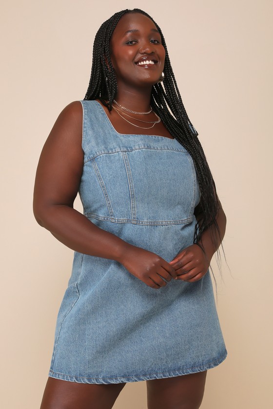 So Delighted Medium Wash Denim Corset Seam Mini Dress 6