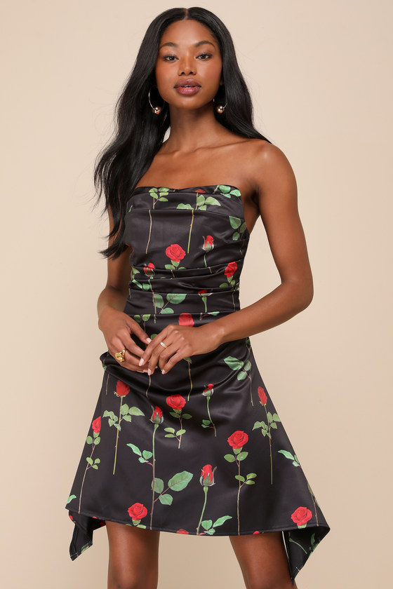 Rare London Truly Refined Black Rose Print Satin Strapless Mini Dress In Black