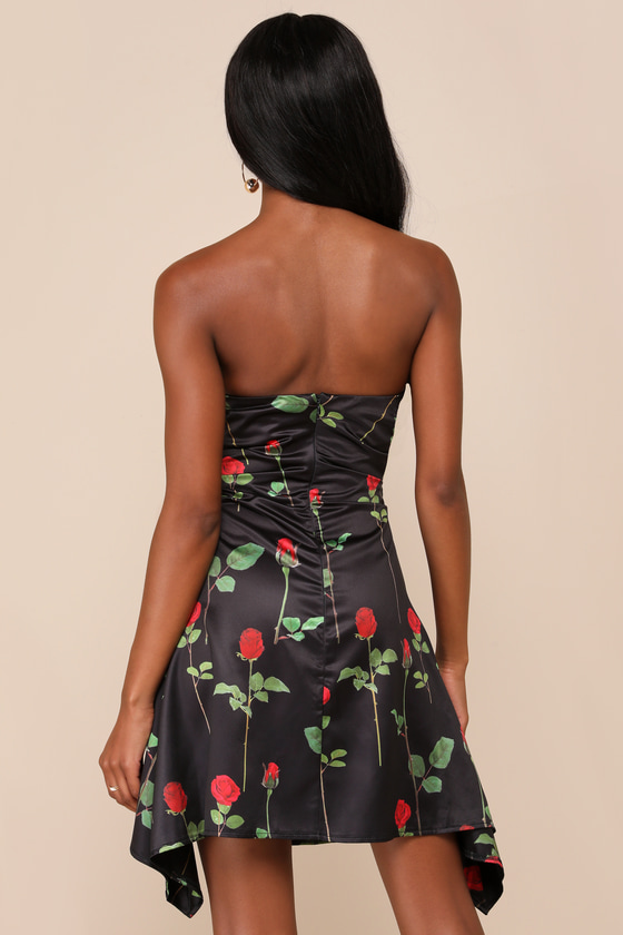 Rare London Truly Refined Black Rose Print Satin Strapless Mini Dress In Black