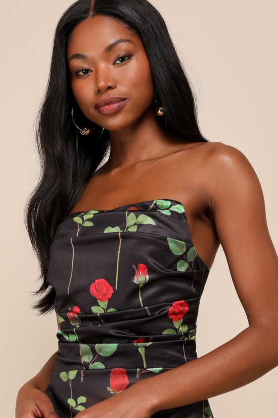 Rare London Truly Refined Black Rose Print Satin Strapless Mini Dress In Black
