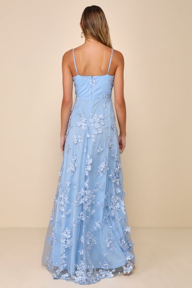 open lace back dress Beautiful Strapless Long Satin Light Blue Prom Dresses with Pockets main image 0