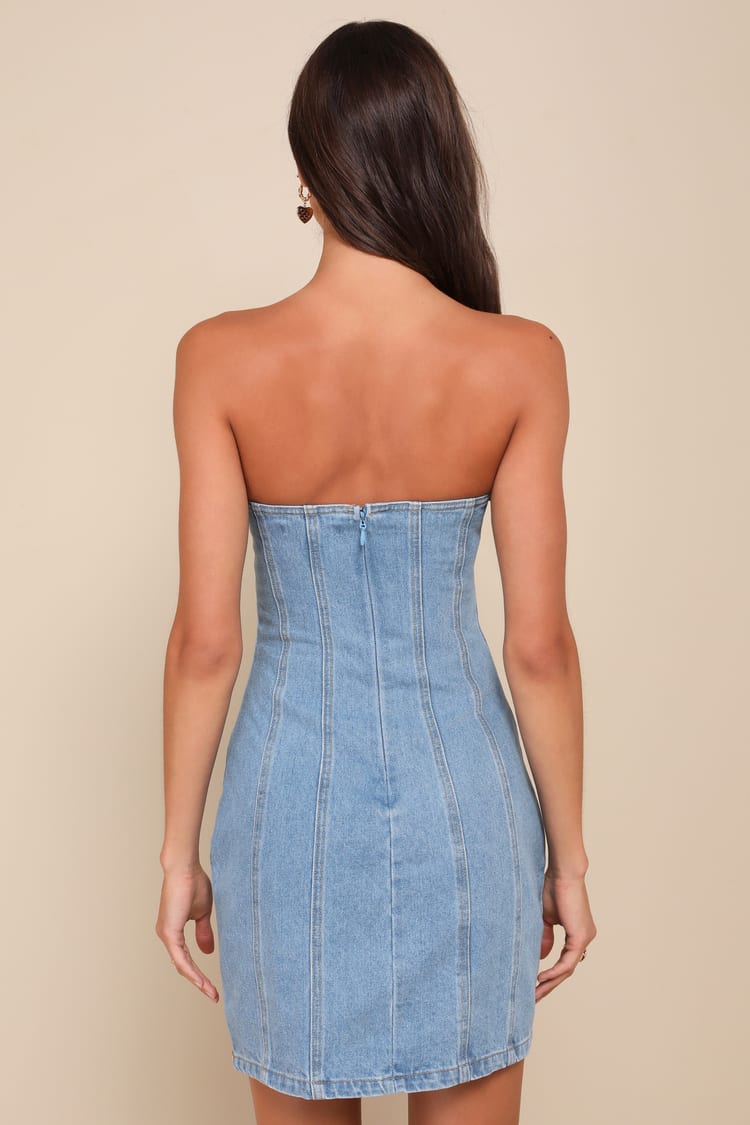 white christmas dresses Rosette Denim Mini Tube Dress in Light-Denim