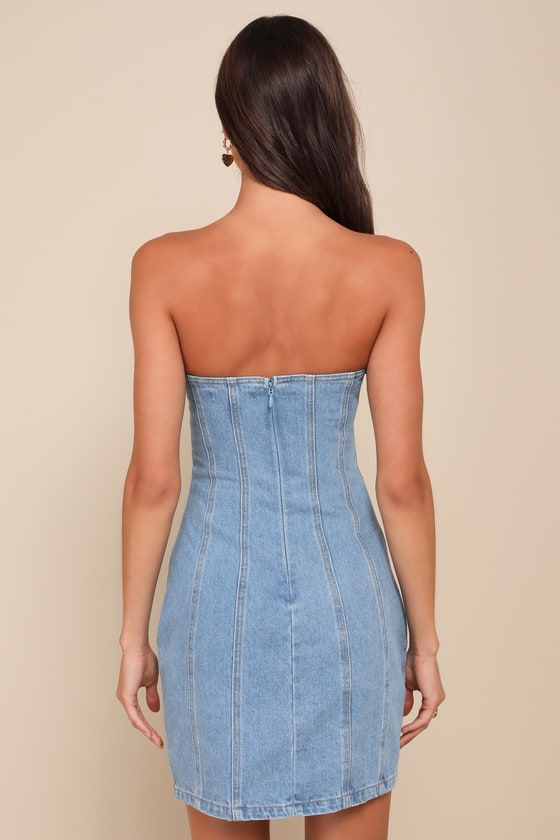 Exceptional Flirt Light Wash Denim Rosette Strapless Mini Dress 2