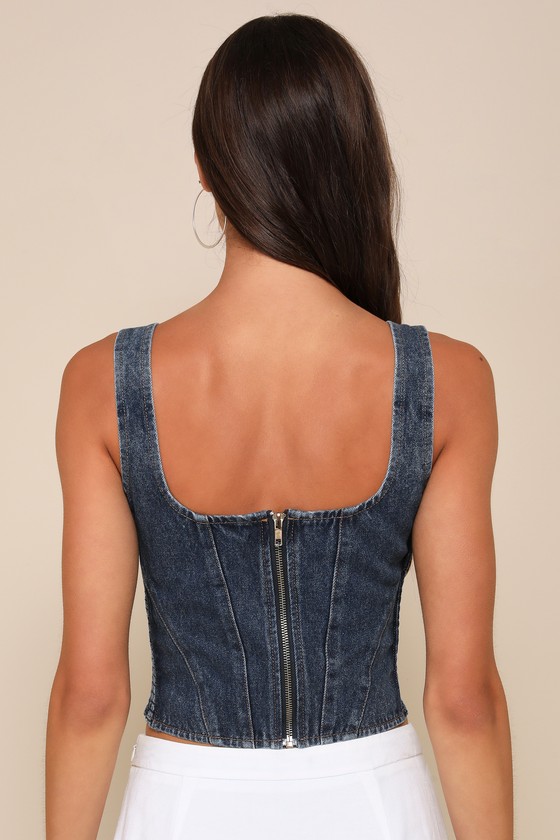 Popular Icon Dark Wash Denim Bustier Crop Top 2