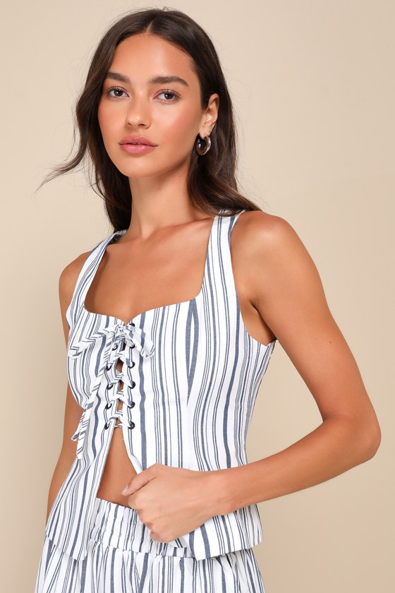 Lulus Infinite Sunshine Ivory And Blue Striped Lace-up Sleeveless Top In Ivory And Blue
