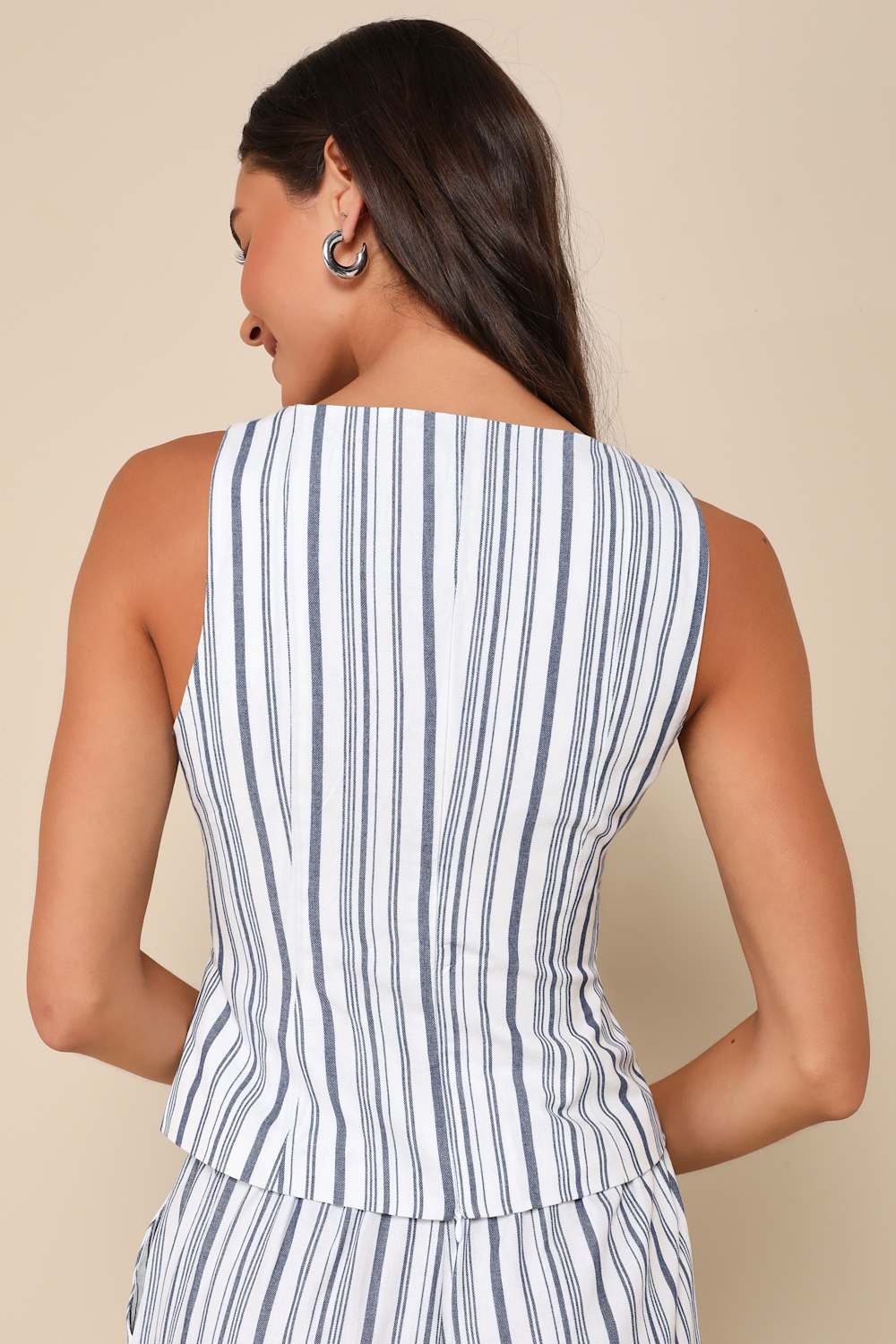 Infinite Sunshine Ivory & Blue Striped Lace-Up Sleeveless Top