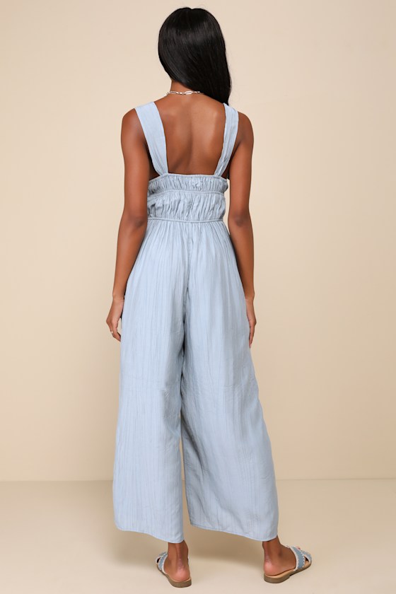 LULUS ON THE DOCK LIGHT BLUE CRINKLE SLEEVELESS WIDE-LEG JUMPSUIT