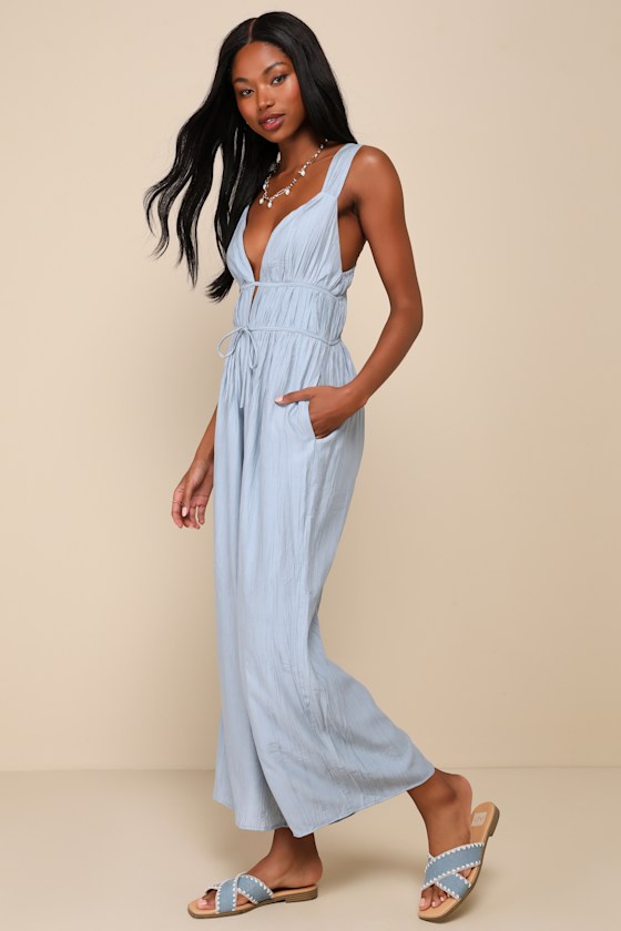 LULUS ON THE DOCK LIGHT BLUE CRINKLE SLEEVELESS WIDE-LEG JUMPSUIT