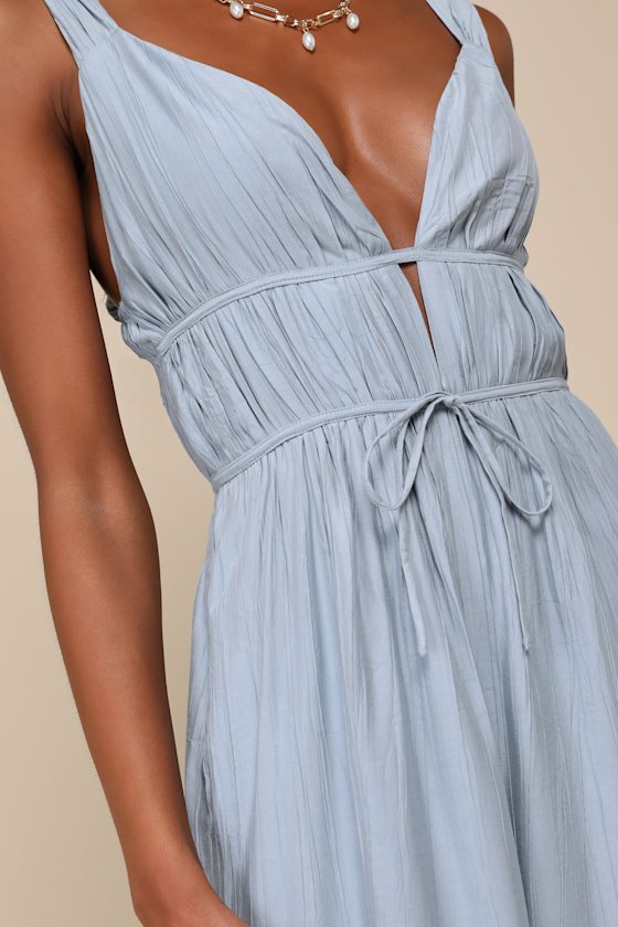 LULUS ON THE DOCK LIGHT BLUE CRINKLE SLEEVELESS WIDE-LEG JUMPSUIT