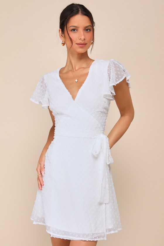 Much to Celebrate White Swiss Dot Flutter Sleeve Wrap Mini Dress 6