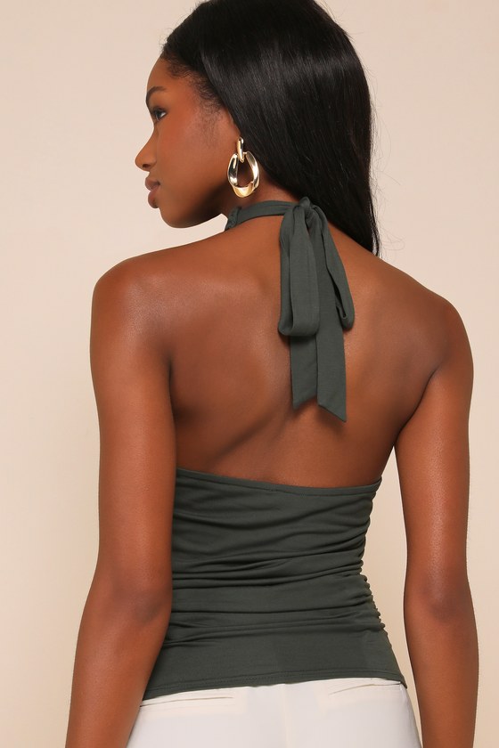 LULUS CUTE INSPIRATION DARK GREEN SLEEVELESS HALTER TOP