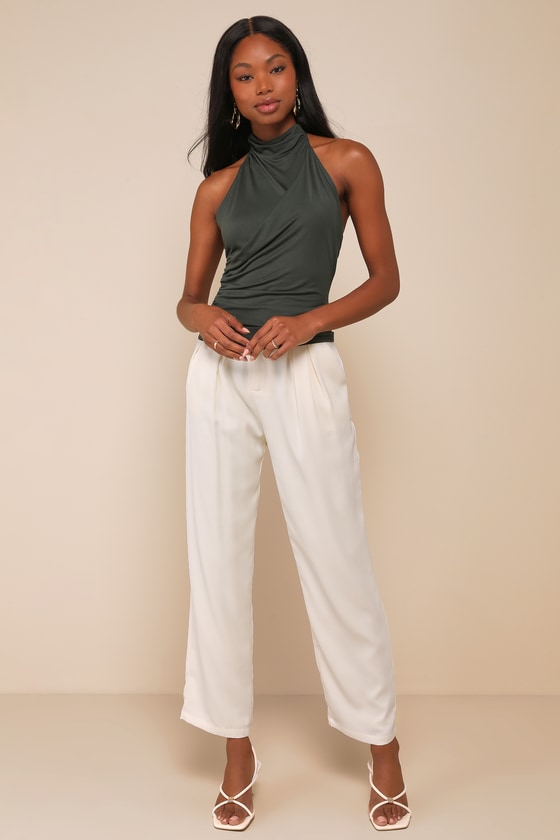 LULUS CUTE INSPIRATION DARK GREEN SLEEVELESS HALTER TOP