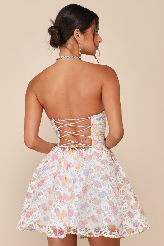 White Burnout Dress Floral Strapless Dress Cute Mini Dress Lulus